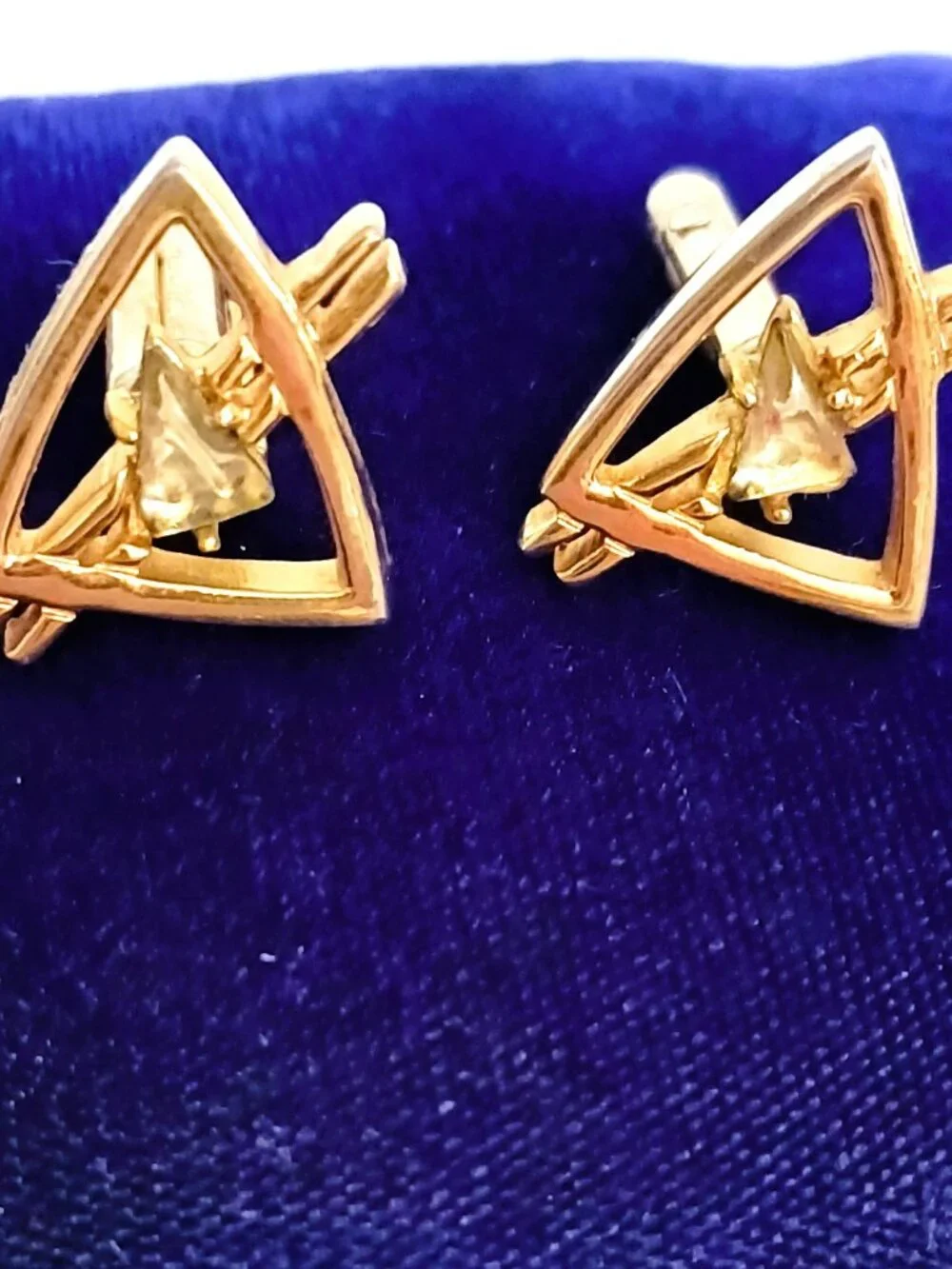 Vintage Swank Gold Triangle Cufflinks Open Work with Clear Stone